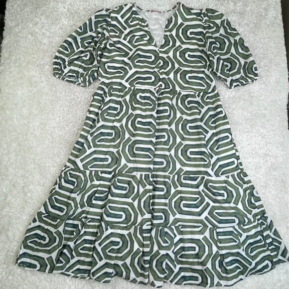 Jude Connally Cloth Green Print Layered Puff Sleeve Dress XL - Picture 1 of 10